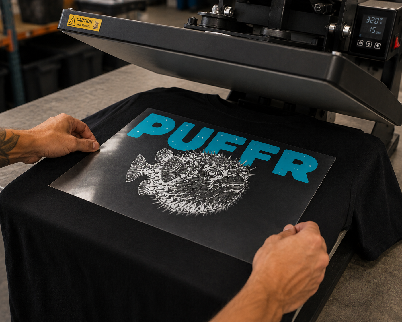 Heat press finishing a DTF transfer with the Cali Finish™